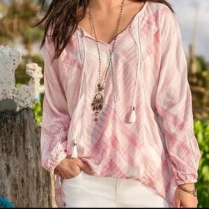 Sundance Daybreak Tasseled Plaid Peasant Top Tunic Pink XS